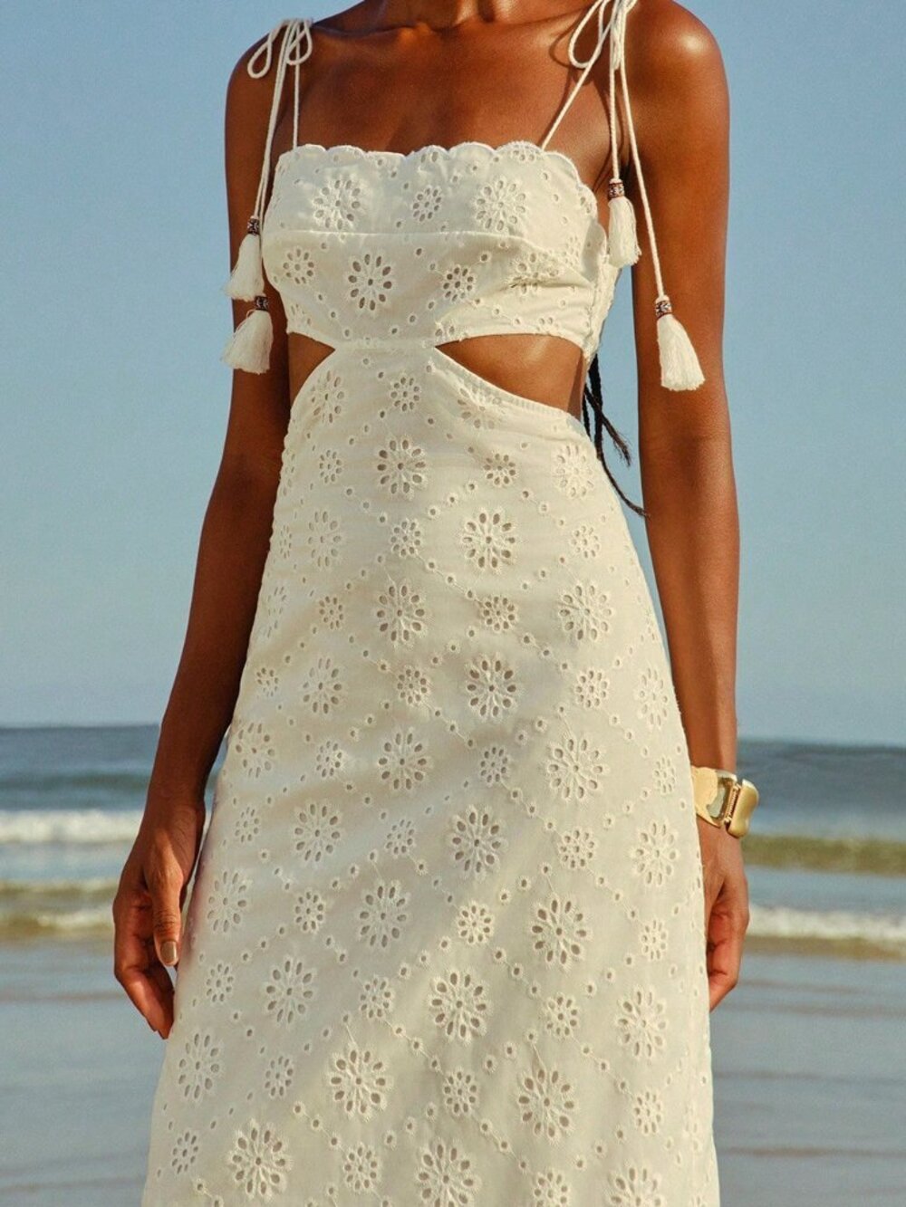 White Boho Women's Bohemian Hollow Waist Sleeveless Dress